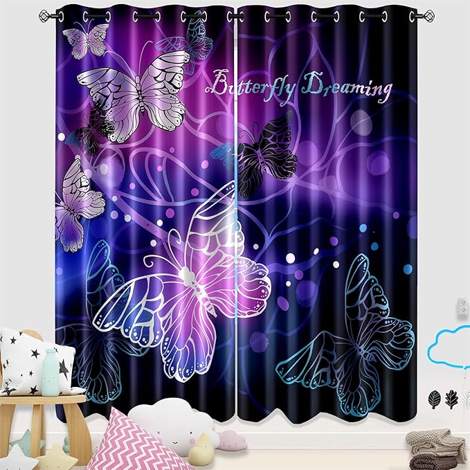 Butterfly Window Curtain Panels Purple Blackout Girls Curtains for Bedroom 2 Panels Curtains 84 inch Length for Girls Bedroom Nursery Room Grommet Top Thermal Insulated Curtains, 82" x 84"