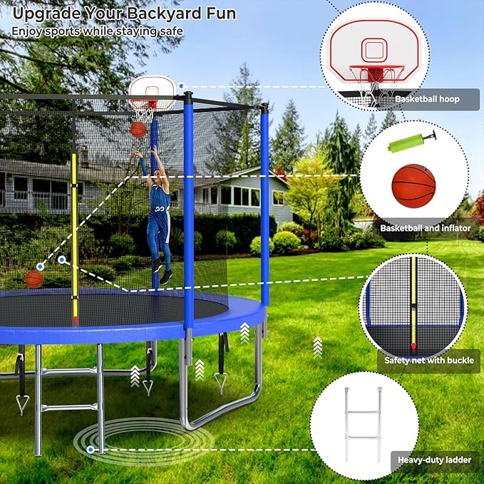 Upgraded 10/12/14/15/16FT Trampoline Outdoor, Large Kids Trampoline with Light, Stakes, Sprinkler, Backyard Trampoline with Basketball Hoop and Net, Capacity for 4-6 Kids and Adults