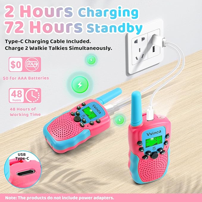 Vvinca Toys for 3-12 Year Old Girls, Rechargeable Walkie Talkies for Kids 22 Channels 2 Way Kids Walkie Talkie with Flashlight for Camping Hiking Indoor Outdoor 3 4 5 6-12 Boy Girl Birthday Gifts Pink