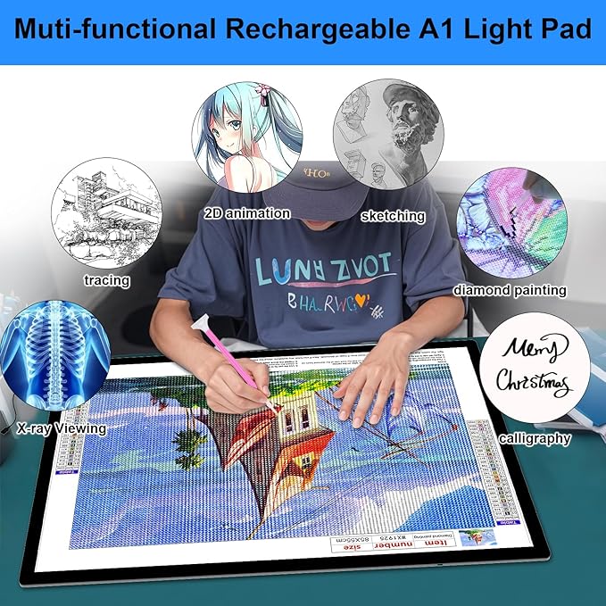 KOBAIBAN Upgrade Rechargeable A1 Light Pad for Diamond Art Painting(35.4''x 23.6''), Extra Large LED Tracing Light Box for Drawing,6000mAh Battery Powered Light Board, Light Table for Artist Sketching