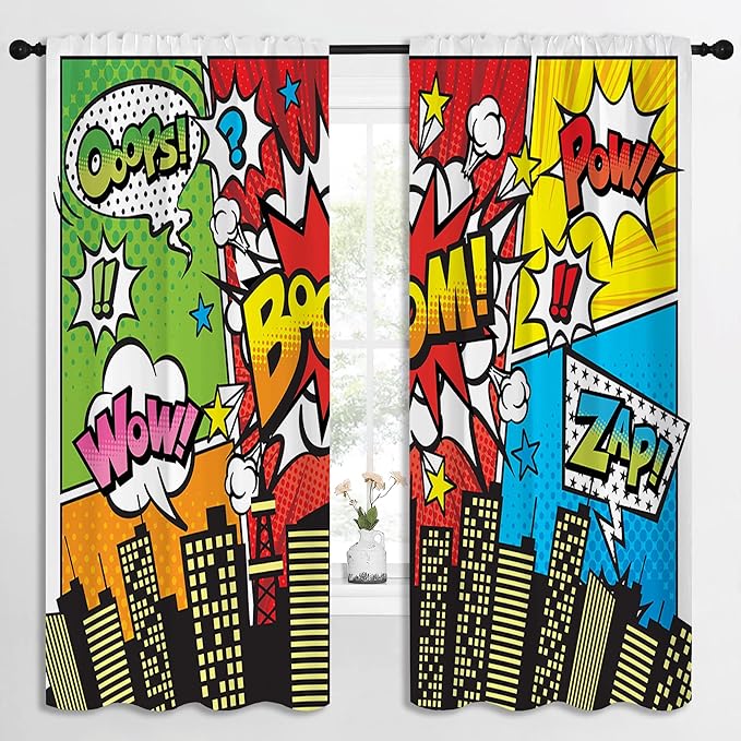 Superhero City Wars Explosion Rod Pocket Blackout Curtains for Boy Girl Bedroom, Colorful Comics Ar Home Energy Efficient Light Filtering Window Curtain for Living Room, 84x63 inch