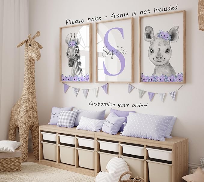 Safari Animals Girls Nursery Bedroom Unframed Set of 3 Poster Prints, Personalized Name Pink or Purple Flowers Wall Art Decor New Baby Gift Present, Elephant Giraffe Panda Zebra Lion (8x10)