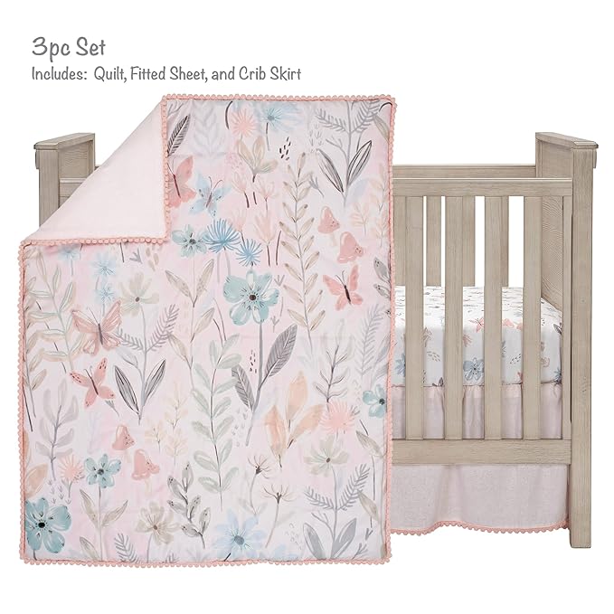 Lambs & Ivy Baby Blooms 3-Piece Pink Floral/Butterfly Baby Crib Bedding Set
