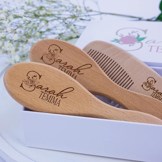 Personalized Wooden Baby Brush Set Girl | Wooden Baby Brush and Comb Set| Personalized Baby Gift | Personalized Baby Gift Girls | Floral Initial New Born Baby Gift