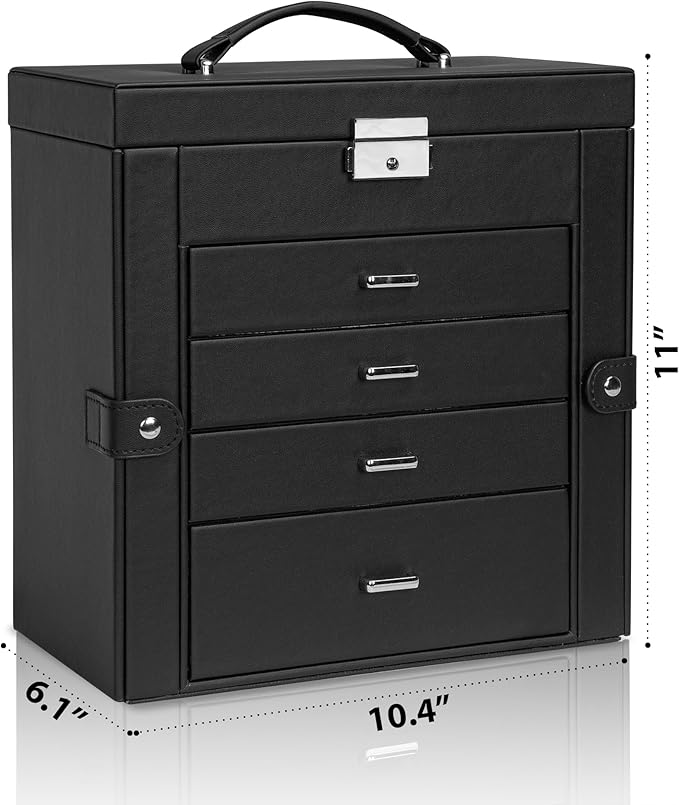 AKOZLIN 5-Tier Jewelry Box Lockable Leather Jewelry Storage Case with 4 Drawers for Women Girls Ring Necklace Earring Bracelet Watches Holder Organizer with Mirror