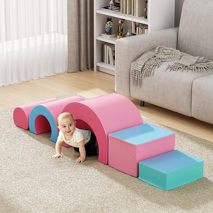 Lischwert Foam Climbing Blocks, Soft Climbing Toys for Toddlers, 5 Pieces Crawl and Climb Foam Playset with Foldable Block and Tunnel, Indoor Climber Activity Play Set for Kids Age 1+(Pink Blue)