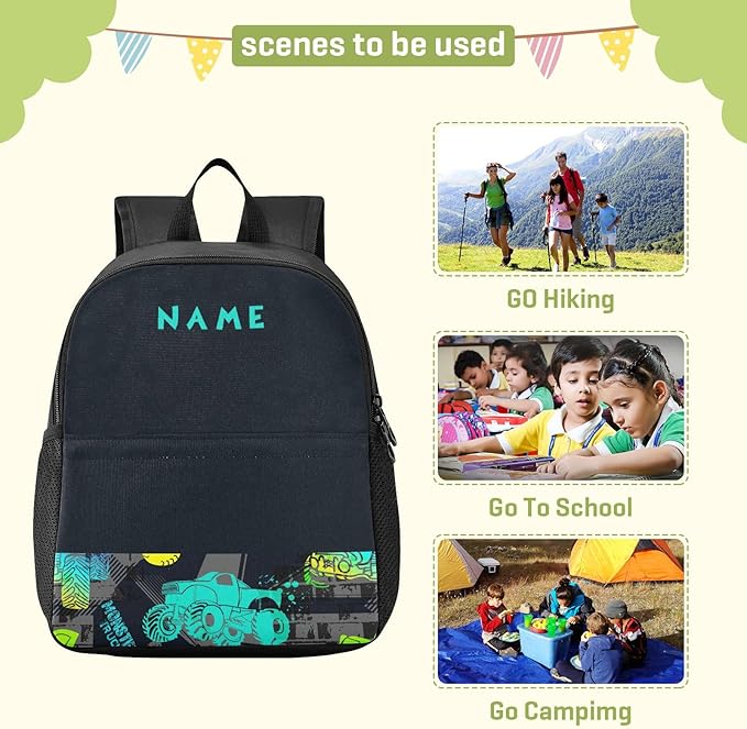 Colorful Monster Truck Toddler Backpack Waterproof Mini Backpack with Name/Text Preschool Backpack Cute Small Backpack Kindergarten Pre School Bags 13 Inch