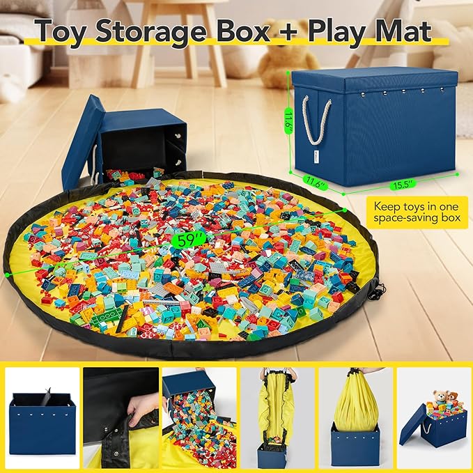 Kids Toy Box Chest Storage with Lid and Big Play Mat for Boys and Girls,Collapsible Fabric Toy Building Bricks Storage Container Organizer Bin with Rug for Playroom and Nursery Organization