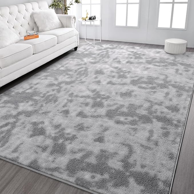 Kimicole 7x10 Washable Area Rugs for Living Room Bedroom, Large Low Pile Ulta-Thin Solid Color Rug, Non-Slip Soft Fluffy Carpet for Nursery Kids Room Dorm Room Home Decor (Light Grey)