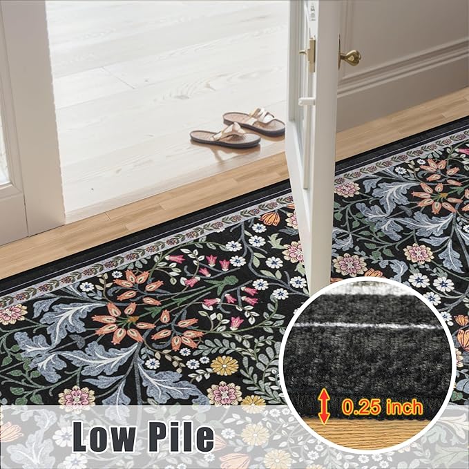 8x10 Area Rugs for Living Room: Floral Washable Rug Vintage Large Soft Boho Non-Slip Carpet Indoor Stain Resistant Low Pile Carpets for Bedroom Dining Room Farmhouse Nursery Home Office Dark Black