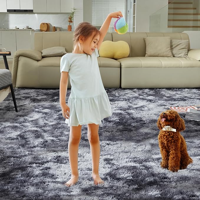 Ultra Soft Rug for Living Room, 3X5 Fluffy Shag Area Rug for Bedroom, Modern Shaggy Carpets Fuzzy Rug for Teens Dorm Nursery Home Decor Aesthetic, Upgrade Anti-Skid Durable, Tie Dye Black and Grey