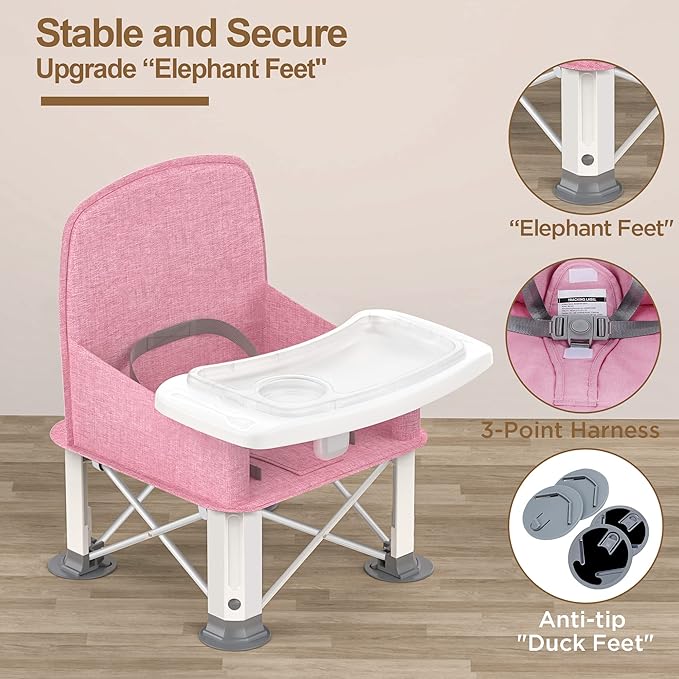 Baby Travel Booster Seat with Double Tray, BabyBond Upgraded Toddler Portable Baby Chair, Booster Seat for Dining Table, Stable and Foldable Booster Baby Chair for Indoor/Outdoor (Pink)