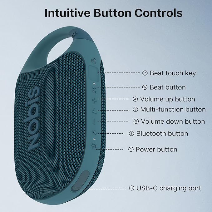 NOBIS Clip N1 Portable Bluetooth Speaker with App, Beat Mode, Up to 24H Playtime, IP68 Waterproof, BT 5.3, HD Sound, Stereo Pairing, Custom EQ, Perfect for Outdoor, Home and Adventure (Blue)