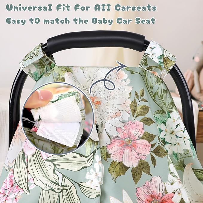 Car Seat Cover Baby, Flroal Infant Car Seat Canopy Covers for Newborn Girls Boys, Soft Breathable Minky Carseat Covers Stretchy Multi-Use Nursing Cover for Stroller Baby Car Seat, Green Leaf