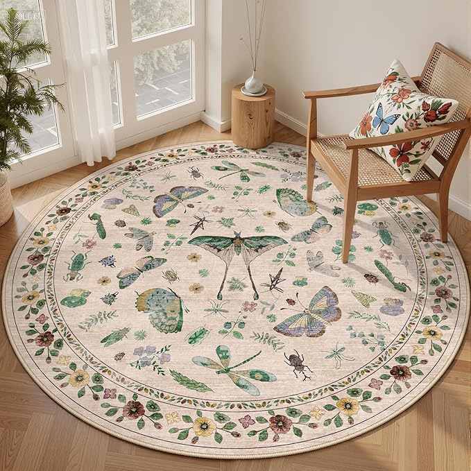 6ft Washable Round Rug - Bug Rugs for Living Room Non-Slip Low Pile Soft Ultra-Thin Machine Washable Circle Carpet for Bedroom, Entryway, Nursery, Kitchen, Home Office (6' Round Beige)
