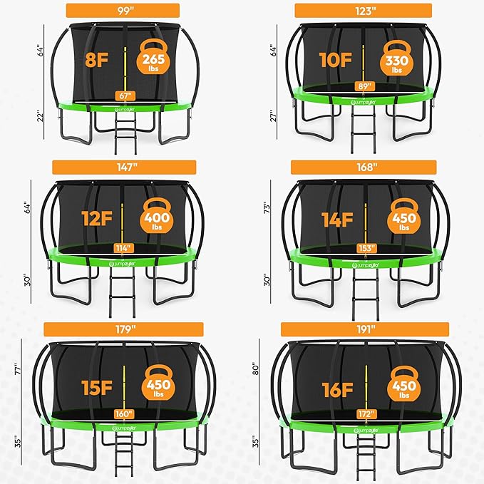 JUMPZYLLA Trampoline Outdoor 8FT 10FT 12FT 14FT 15FT 16FT with Enclosure and Ladder, ASTM Approved Recreational Trampoline for Kids and Adults, Anti-Rust Coated Frame