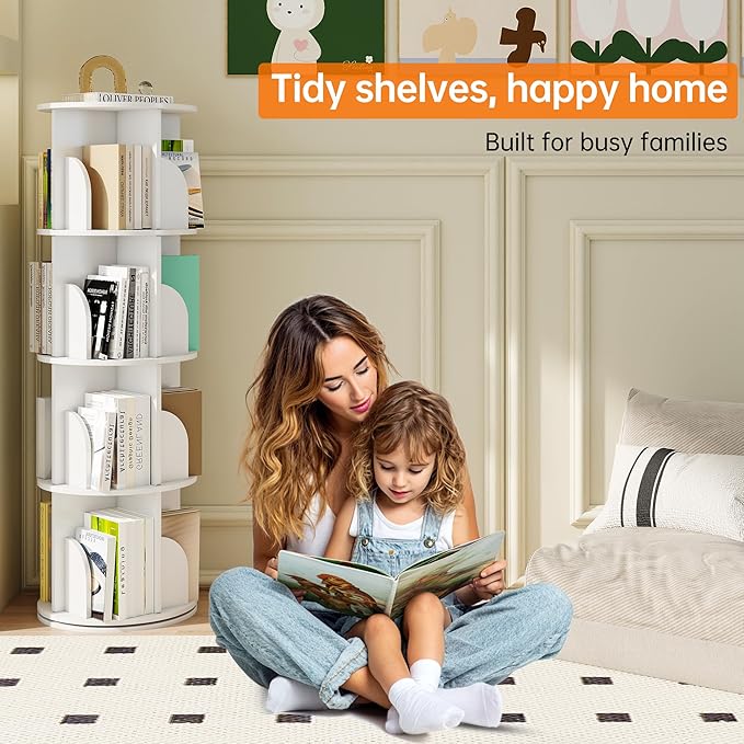 Rotating Bookshelf 4 Tier, 360 Degree Spinning Corner Bookcase with Lazy Susan, White Space Saving Tower Organizer for Small Spaces, Bedroom, Living Room, Adults & Kids
