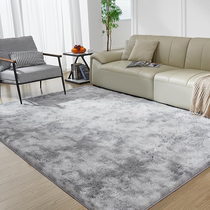 5X8 Ultra Soft Rug for Living Room, 5X8 Fluffy Shag Area Rug for Bedroom, Modern Shaggy Carpets Fuzzy Rug for Teens Dorm Nursery Home Decor Aesthetic, Upgrade Anti-Skid Durable, Tie-Dyed Light Grey