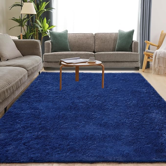 Soft 9x12 Blue Rug, Fluffy Area Rugs for Living Room, Plush Navy Area Rugs for Bedroom, Non-Slip Indoor Carpet for Nursery, Study Room, Kids Room, Room Decor