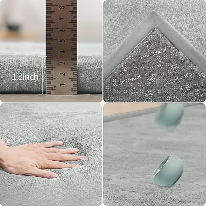 ACOMOPACK Baby Play Mat for Floor 1.3" Thick Memory Foam Play Mat 59"×71" Tummy Time Crawling with Non-Slip Bottom for Living Room,Nursery,Soft Velvet Playpen Mats for Kids,Infants（Light Grey）