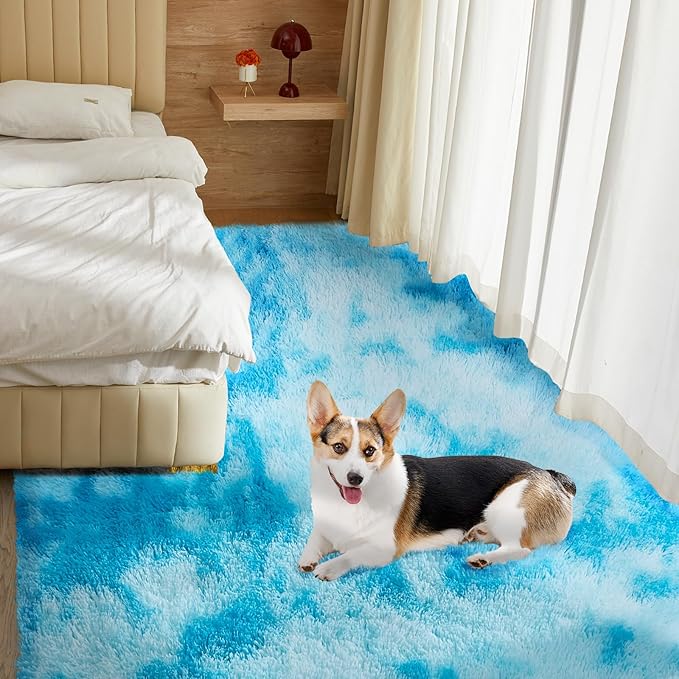 Ultra Soft Rug for Living Room, 4X6 Fluffy Shag Area Rug for Bedroom, Modern Shaggy Carpets Fuzzy Rug for Teens Dorm Nursery Home Decor Aesthetic, Upgrade Anti-Skid Durable, Tie-Dyed Blue