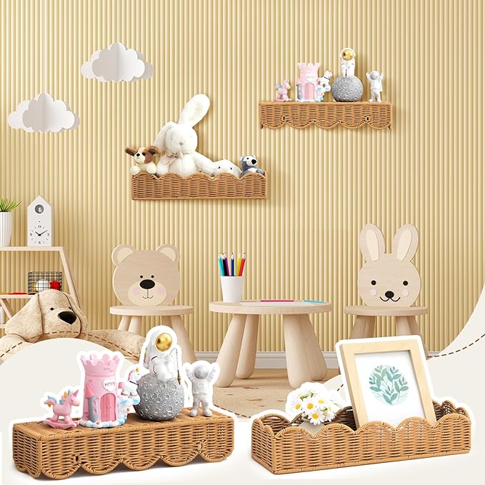 Pinkunn 3 Set Nursery Book Shelves Scalloped Rattan Wall Shelf 15.8 x 3.2 Inch Wall Mounted Plastic Floating Book Shelve, Hanging Boho Wicker Woven Shelf for Nursery Decor and Storage (Natural Wood)