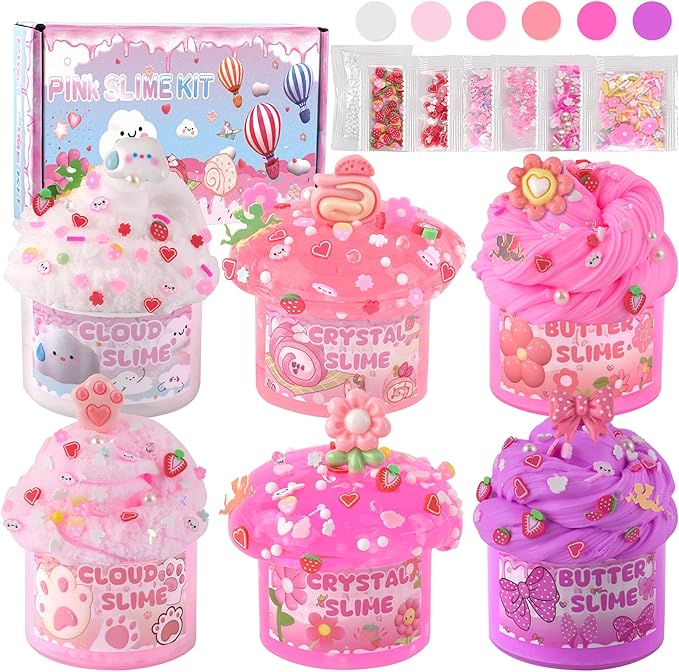 6 Pack Slimes, Pink Slime Kids, Cloud Slime kit for Girls Ages 8-12, Toys for Girls and Boys, for Kids Slime Set Party kit Goodie Bag Stuffers, 4 5 6 7 8 9 10 Year Old Girl Birthday Gift Cute Stuff