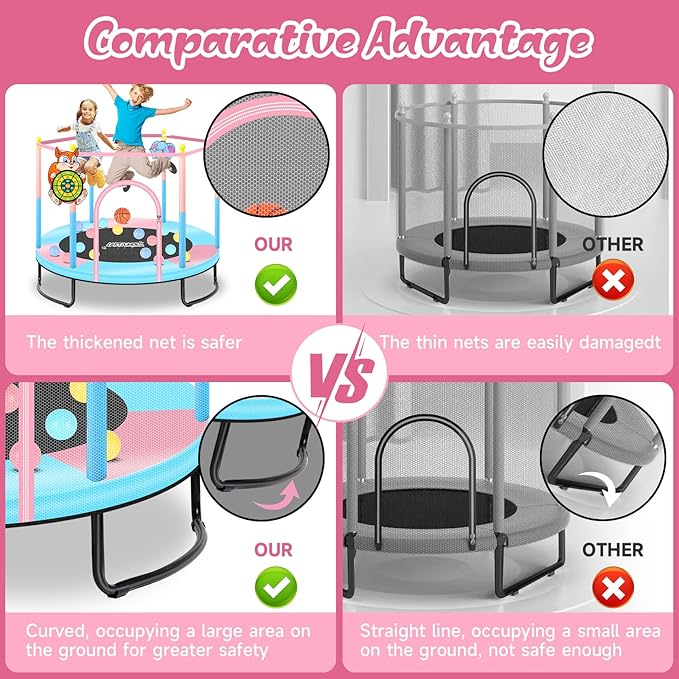 Pink Indoor Trampoline for Kids 2-5, 5ft Mini Indoor & Outdoor Small Toddler Trampoline with Net and Basketball Hoop