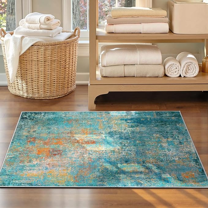 Washable Area Rugs 4'x6' Non-Slip Modern Abstract Soft for Living Room Entryway Bedroom Nursery, Print Pattern, Teal Blue Green Orange Rust Red Colorful