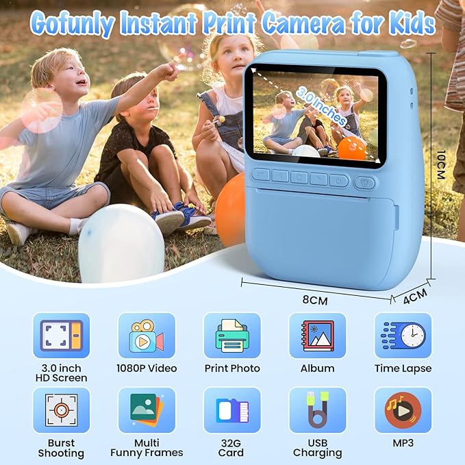 Kids Camera Instant Print, 3.0" HD 32MP Birthday Gifts for 3-12 Year Old Girls Boys, 1080P Digital Camera for Toddler Children, Portable Toy with 32GB SD Card-Blue