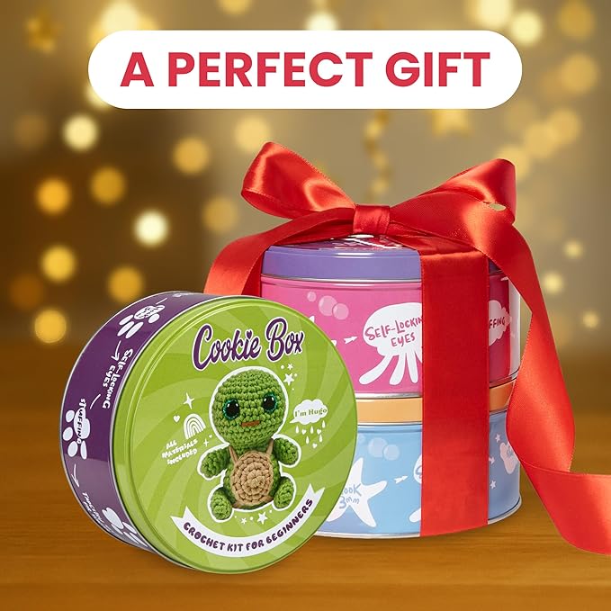 Cookie Box Crochet Kit for Beginners - Learn to Craft Amigurumi Stuffed Animals - Knitting Gift for Kids and Adults - Beginner-Friendly Yarn - Stitch-by-Stitch Video Tutorial - Turtle Hugo