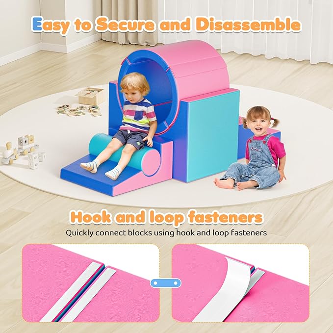 Lischwert Foam Climbing Blocks for Toddlers 1-3, 5pcs Soft Play Set with Tunnel Crawling Exploration Toys, Indoor Infant Safe Blocks for Baby Gym & Toddler Playground - Blue Pink