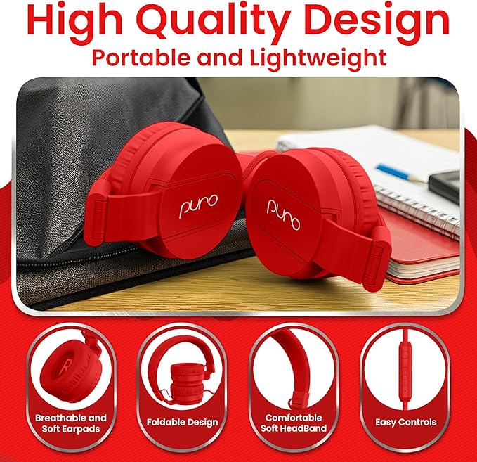 Puro Sound Labs PuroBasic Wired Headphones for Kids - Volume-Limiting & Adjustable with Microphone – Compatible with Smartphones, Tablets, PCs, and More – Safe, Durable Headphones for Kids – Red