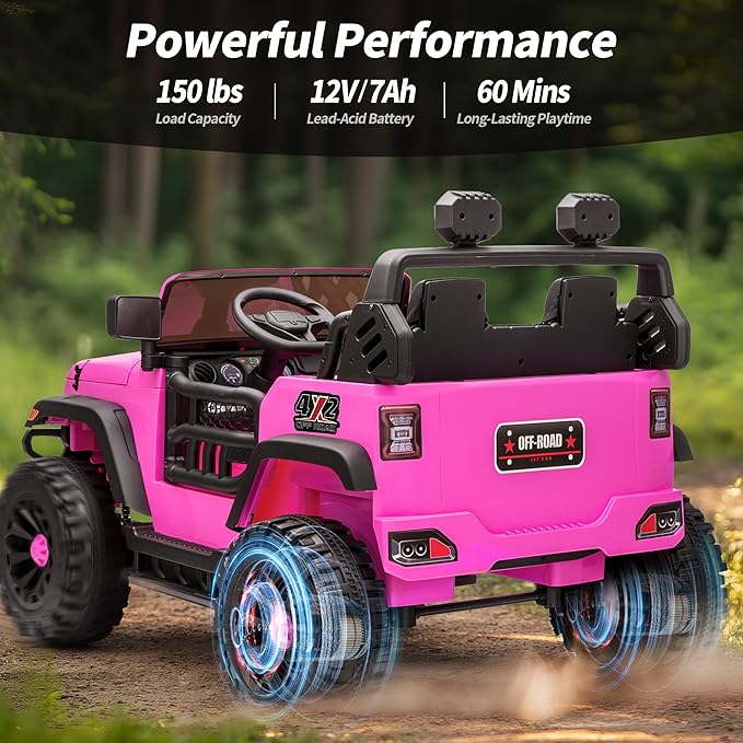 2 Seater Ride on Car Truck, 12V Kids Electric Ride on Toy for Big Kids Age 3-8 w/Remote Control- Hot Pink