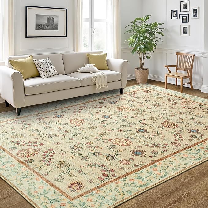 LOCHAS Washable Area Rugs 8x10, Beige Floral Rug for Living Room Bedroom Non Slip, Ultra Soft Vintage Indoor Carpet for Kids, Nursery, Dorm, Dining Room, Classroom, Boho Flower Home Decor, Low-Pile