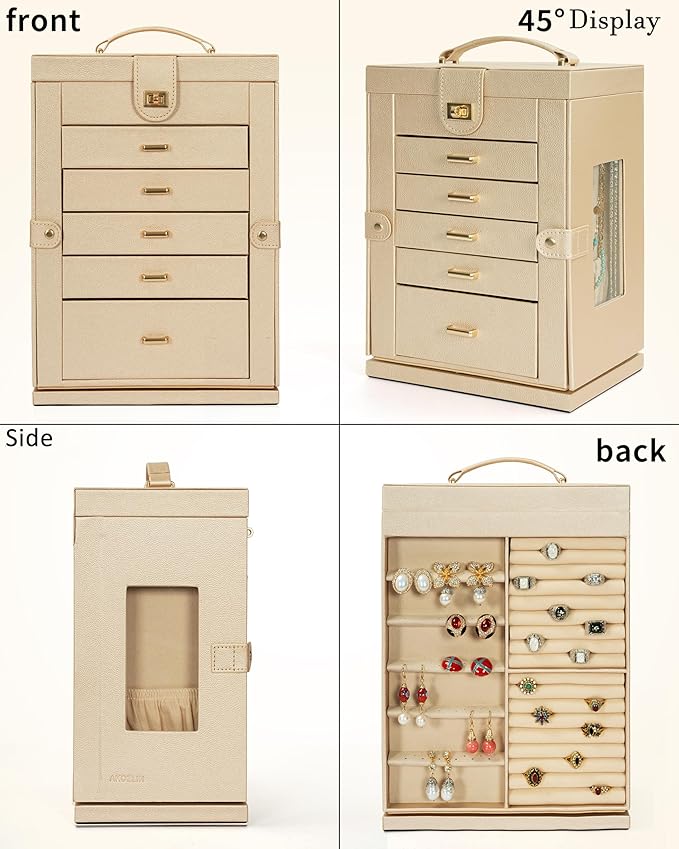 AKOZLIN Jewelry Box 6-Tier Organizer Functional 360° Rotating Jewelry Storage Case for Women Girls Ring Necklace Earring Bracelet Holder with Mirror