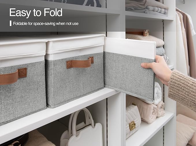 StorageWorks Storage Bins with Lids, Decorative Storage Boxes with Lid and PU Handles, Foldable Storage Baskets for Closet, Shelves, Stackable, Gray and White, Jumbo, 3-Pack
