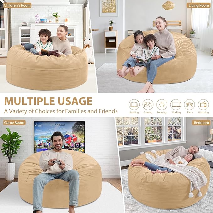 3FT Bean Bag Chair, Comfy Bean Bag Chairs with Memory Foam Filled, Fluffy Beanbag Sofa with Dutch Velvet Cover, Round BeanBag Chairs for Living Room, Playroom - Khaki