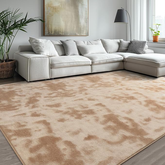 Kimicole 6x9 Washable Area Rugs for Living Room Bedroom, Large Low Pile Ulta-Thin Solid Color Rug, Non-Slip Soft Fluffy Carpet for Nursery Kids Room Dorm Room Home Decor (Light Tan)