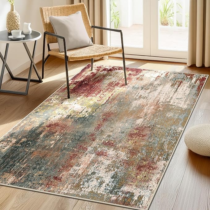 Washable Area Rugs 3'x5' Non-Slip Modern Abstract Soft for Living Room Entryway Bedroom Nursery, Print Pattern, Brown Rust Red Multi