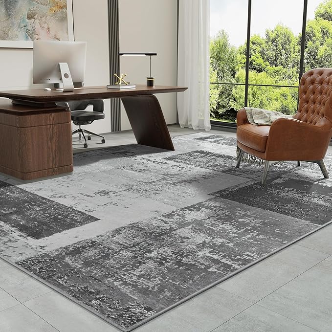 LOCHAS Rug for Living Room, Washable Soft Area Rugs for Bedroom 4x6, Abstract Carpet for Indoor Office Kids Dining Room Nursery Floor, Grey Geometric Vintage Home Decor, Non Slip, Pet Child Friendly