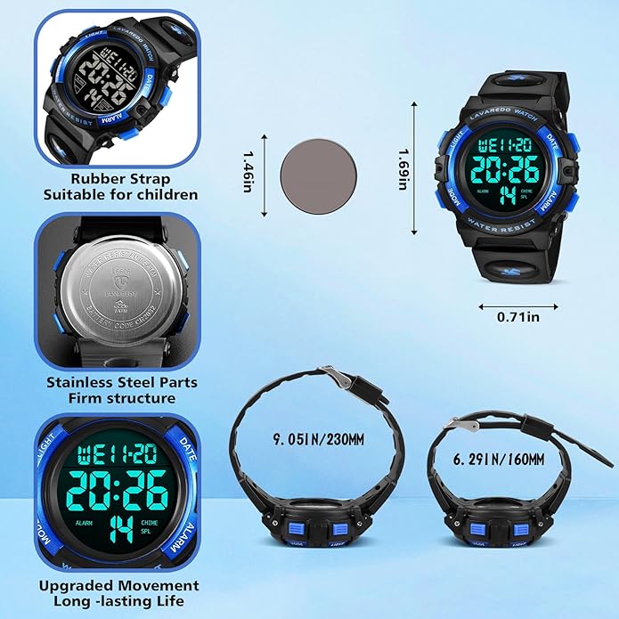 Kids Watch,Boys Watch for 3-15 Year Old Boys,Digital Sport Outdoor Multifunctional Chronograph LED 50 M Waterproof Alarm Calendar Analog Watch for Children with Silicone Band,Kids Gift