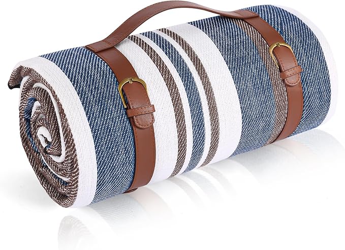 Striped Picnic Blankets 80” x 80” Extra Large Waterproof and Foldable Beach Blanket, Oversized Blue and White Outdoor Blanket for Camping, Travel, Park, Grass, Patio (Blue & Brown, 80" x 80")