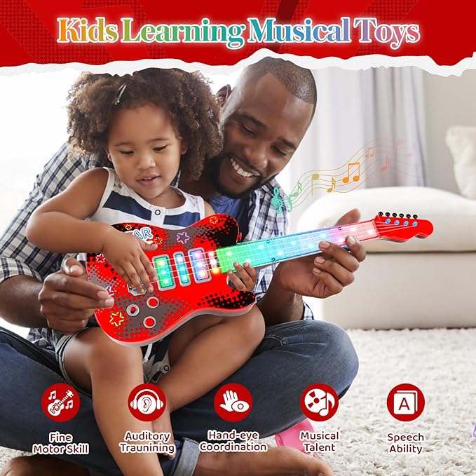 Kids Guitar and Microphone Playset with 4 Strings, Electric Guitar Kit with Lifting Mic Stand, Toddler Toys Musical Instruments Starter Kit, Karaoke Machine Toys for Boys Girls Christmas Guitars Gifts