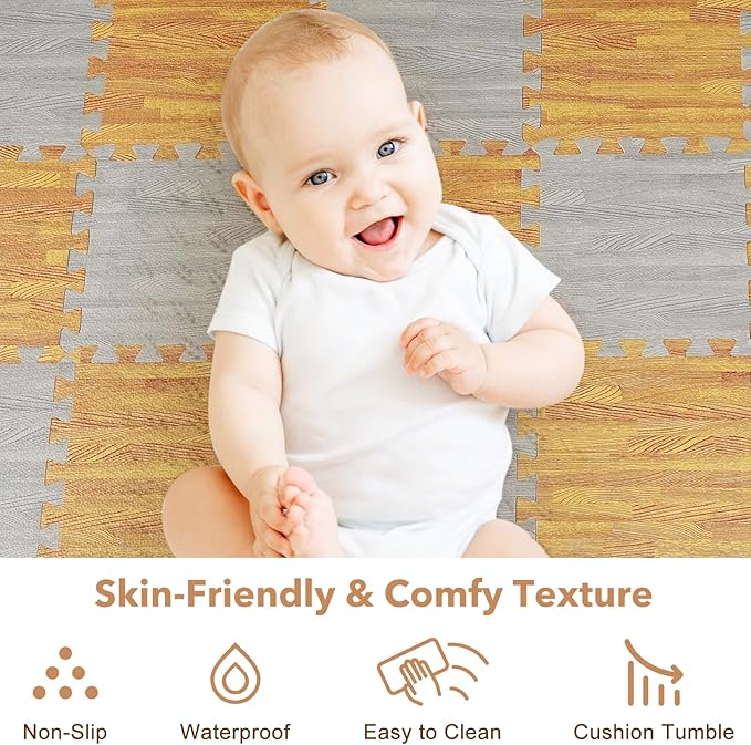 Skyweaver 36 Tiles Soft Non-Toxic Baby Play Mat for Floor EVA Foam Jigsaw Puzzle Play Mat, Interlocking Squares with 0.6inch for Babies, Toddlers & Kids Gym, Nursery, Playroom, Gray