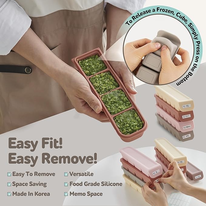 Silicone Freezer Trays with Lid,1.7oz 4 Section 4 Sets-Leak Proof Silicone Freezer molds for Homemade Baby Food Breastmilk, Purees, Vegetables, Baby Food Jars Ice Tray with Lid BPA Free Mix