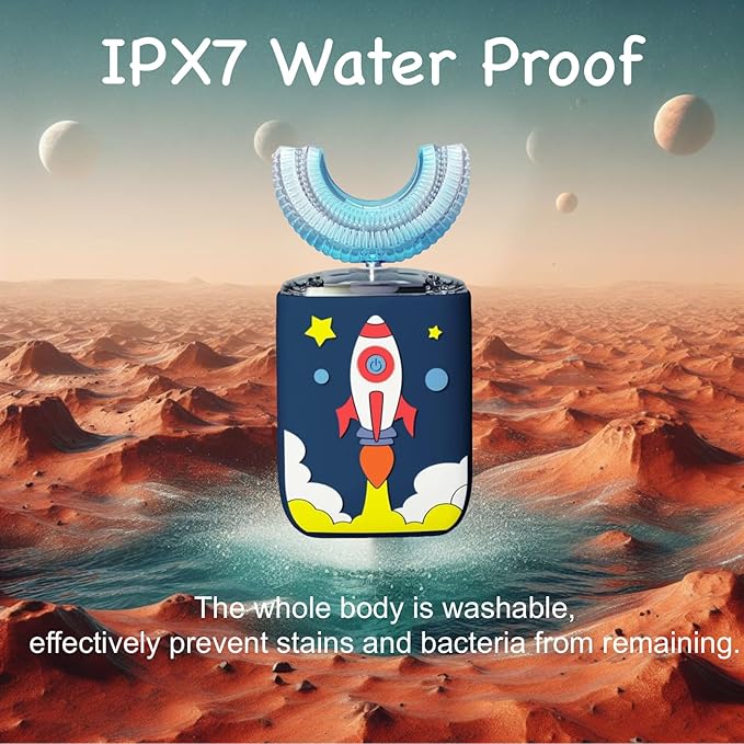 Kids U Shaped Electric Toothbrush Ultrasonic Automatic Brush with 5 Brush Head 6 Clean Modes IPX7 Waterproof Whole Mouth Rechargeable Smart Timer Toothbrushes for Children Age 2-7 (Blue)