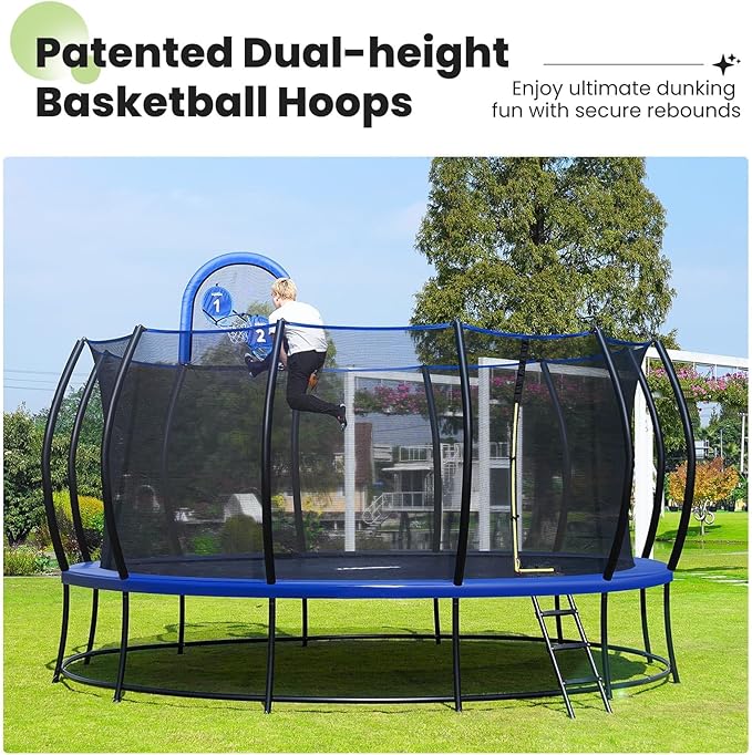 Zupapa 1800LBS Weight Capacity 2025 Double Frames Trampoline with No-Gap Design Curved Poles 16 15 14 12FT Trampolines for Kids with Enclosure Net Outdoor Trampolin for Children Adults Family