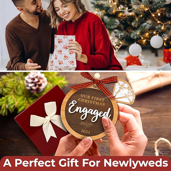 Our First Christmas Engaged Ornament 2024 - Wood Engagement Ornament 2024, Funny Engagement Gifts for Couples, Happy Newly Engaged Christmas Ornament 2024 for Bride