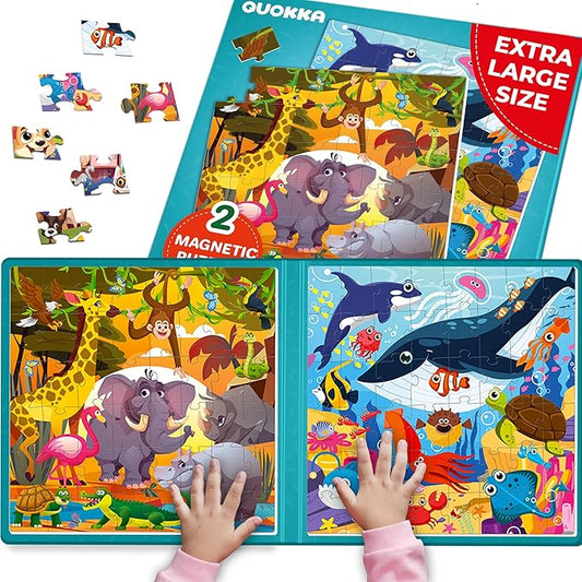 QUOKKA Magnetic Puzzles for Toddlers 2-4 - 2x48 Travel Puzzle Games for Kids Ages 3-5 Years Old - Car Activities Toy for Boys and Girls 4-6 yo - Africa & Ocean Animals Learning Magnet for Road Trip
